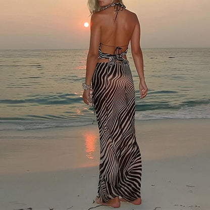 2026 spring new cross-border European and American fashion casual leopard print sexy open back halterneck vest mid-length suit for women