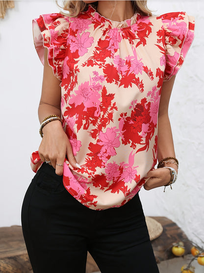 Foreign trade cross-border 2025 women's fashion butterfly sleeve shirt, new floral top, tropical floral style casual