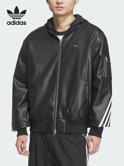 Adidas Official Genuine Clover Men's Faux Leather Sports Fashion Hooded Jacket JL7556