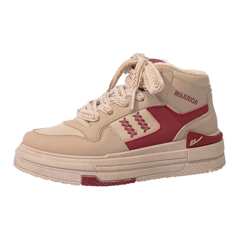 Pull-back color-blocking high-top platform shoes, American preppy style, high-value board shoes, women's leg-length design casual shoes