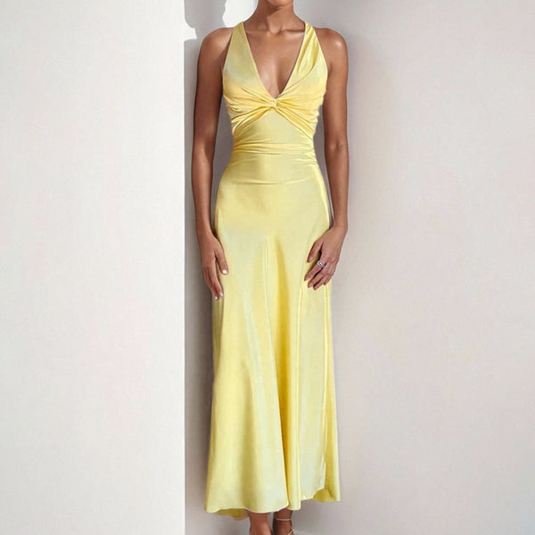 Spring 2026 New Amazon European and American Dress Sexy V-Neck Pleated Slim Skirt Temperament Elegant Dress