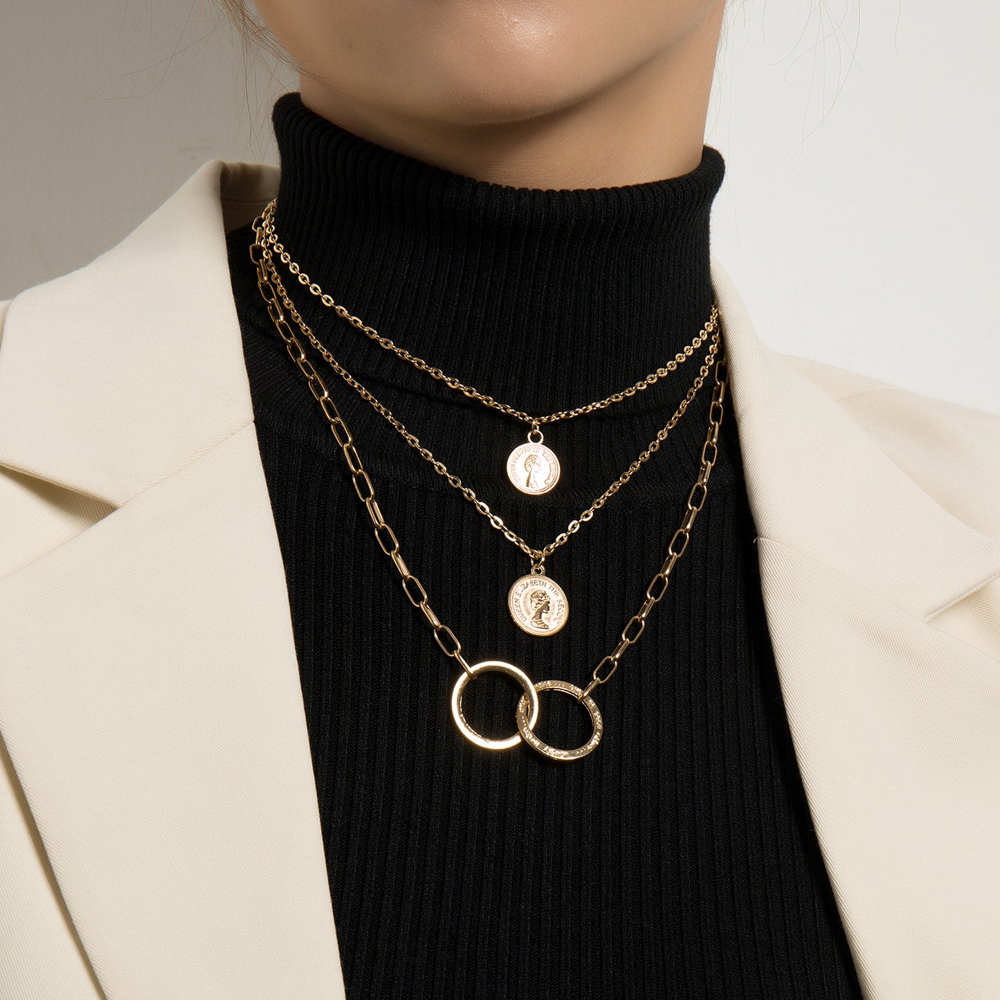 European and American cross-border jewelry, fashion trends, multi-layer ring stitching, stacking necklaces, portrait medallion pendants, sweater chains