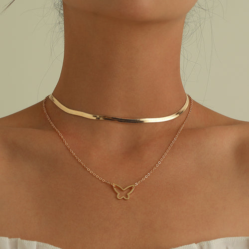 European and American cross-border jewelry, personalized double-layer hollow butterfly pendant necklace, women's trendy fashion snake bone chain necklace