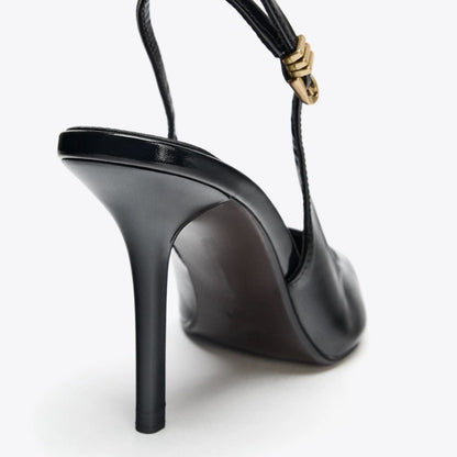 ZA2025 outono Nova fivela de metal preto pontiagudo saltos stiletto versáteis simples pontiagudo sandálias