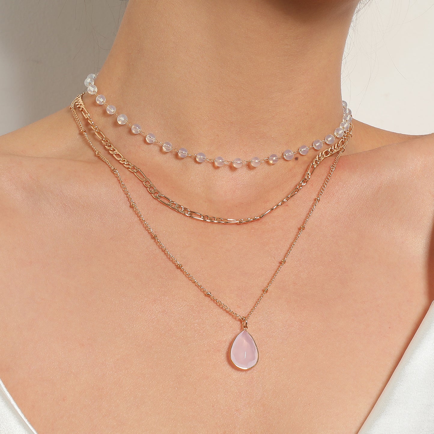 European and American cross-border jewelry multi-element protein bead crystal pendant necklace fashion three-to-one chain drop necklace