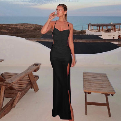 European and American cross-border hot women's clothing 2023 summer new long skirt sexy transparent slit sleeveless slip dress women