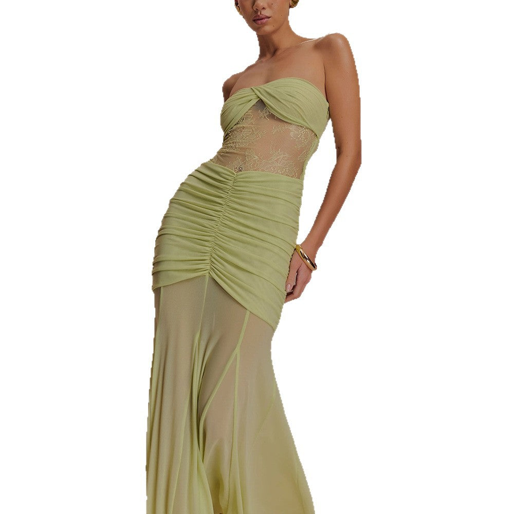 Cross-border 2025 new European and American clothing mesh spliced bandeau skirt temperament one-shoulder pleated see-through dress