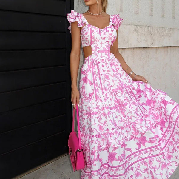 202 spring new cross-border European and beautiful women's clothing flying sleeve printed women's hollow waist extra-long dress