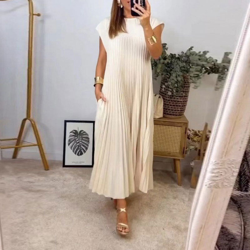 2025 New Amazon Autumn Cross-border European and American Clothing Elegant and fashionable crew neck sleeveless pleated maxi dress