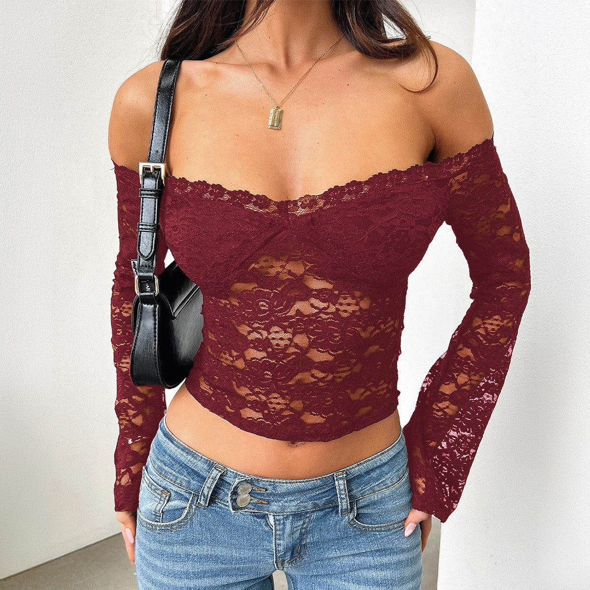 European and American women's clothing autumn new hot girl style one-shoulder fashion long sleeve sexy lace cut-out top cross-border wholesale