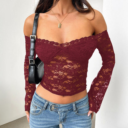 European and American women's clothing autumn new hot girl style one-shoulder fashion long sleeve sexy lace cut-out top cross-border wholesale