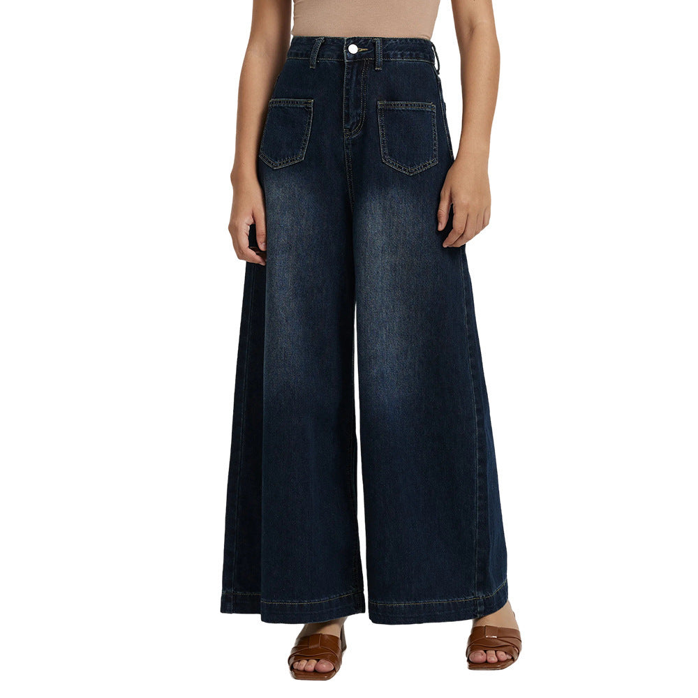 Independent Station European and American Foreign Trade Denim Women's Fashion Drape Loose High-Waist Wide-Leg Jeans for Women