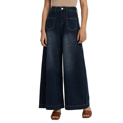 Independent Station European and American Foreign Trade Denim Women's Fashion Drape Loose High-Waist Wide-Leg Jeans for Women