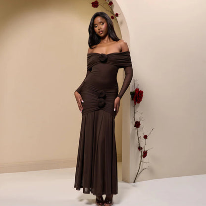 Cross-border European and American women's autumn fashion flower decoration sexy one-shoulder pleats slim hip wrap dress