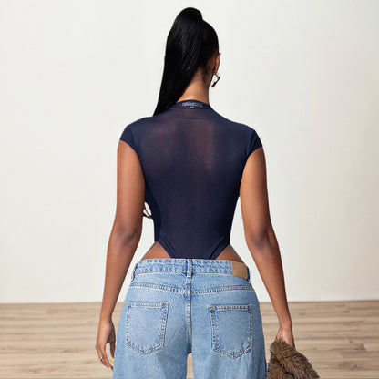 Cross-border AliExpress 2025 Summer New European and American Clothing Metal Buckle Sexy See-Through Slim Mesh Bodysuit