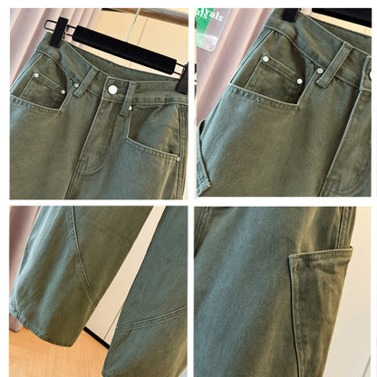 Khaki, American military green, design with large pockets, scimitar jeans, women's floor-length wide-leg trousers, extended mid-pants