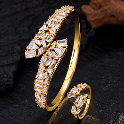 RAKOL Open Copper Zircon Semi-Setting Bracelet Diamond-Encrusted Simple Versatile Elegant Bracelet Women's Bracelet Ring Set