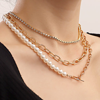 European and American cross-border jewelry ins style texture imitation pearl clavicle necklace women's simple rhinestone claw chain necklace wholesale