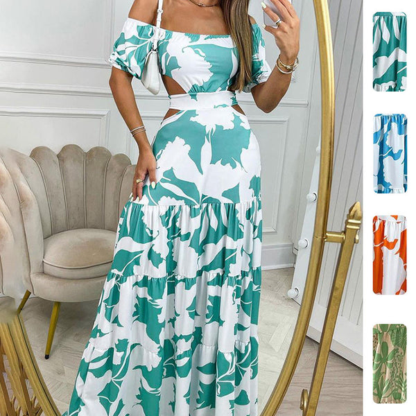 2026 new cross-border European and beautiful women's clothing temperament sexy slim print one-line collar cut-out lace-up large pendulum dress