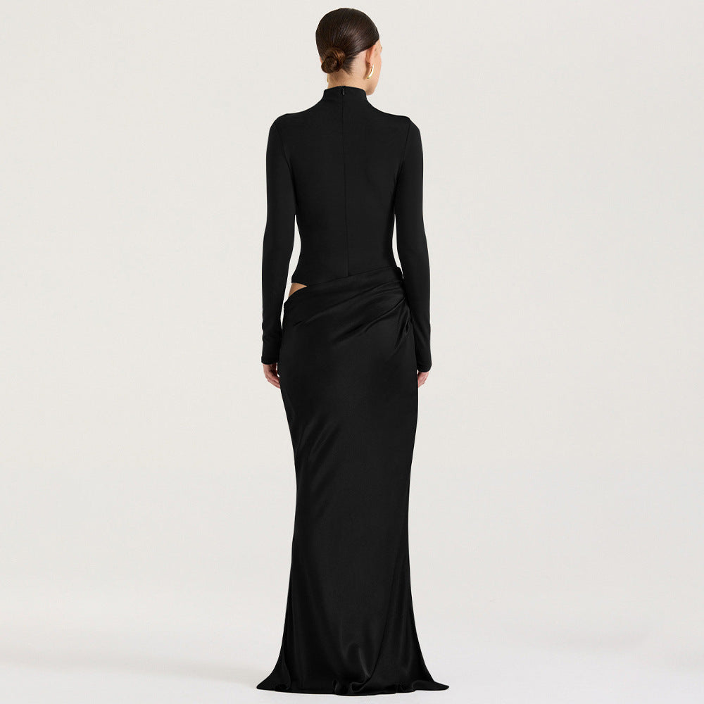 Cross-border women's autumn and winter new European and American style solid color turtleneck sexy waistless fake two long-sleeved slim dresses for women