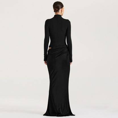 Cross-border women's autumn and winter new European and American style solid color turtleneck sexy waistless fake two long-sleeved slim dresses for women