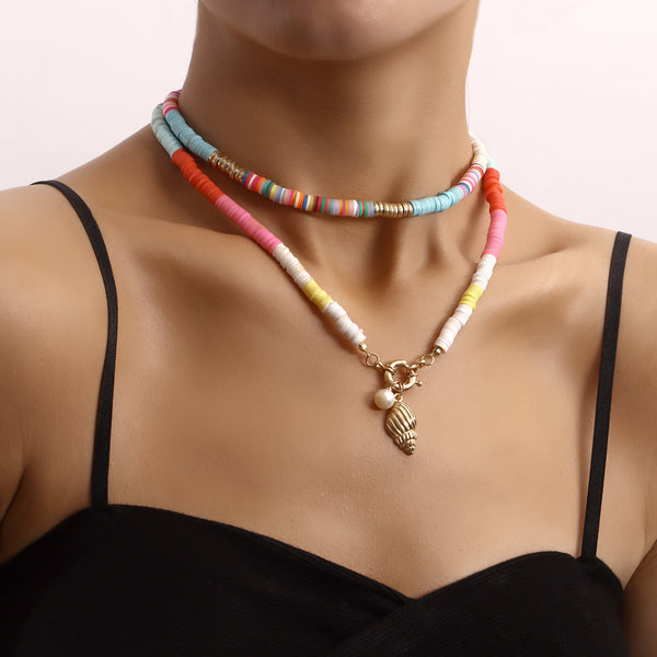 European and American cross-border jewelry, double-layered colored soft pottery pieces, pearl scallop pendant necklace, women's marine tide ornaments