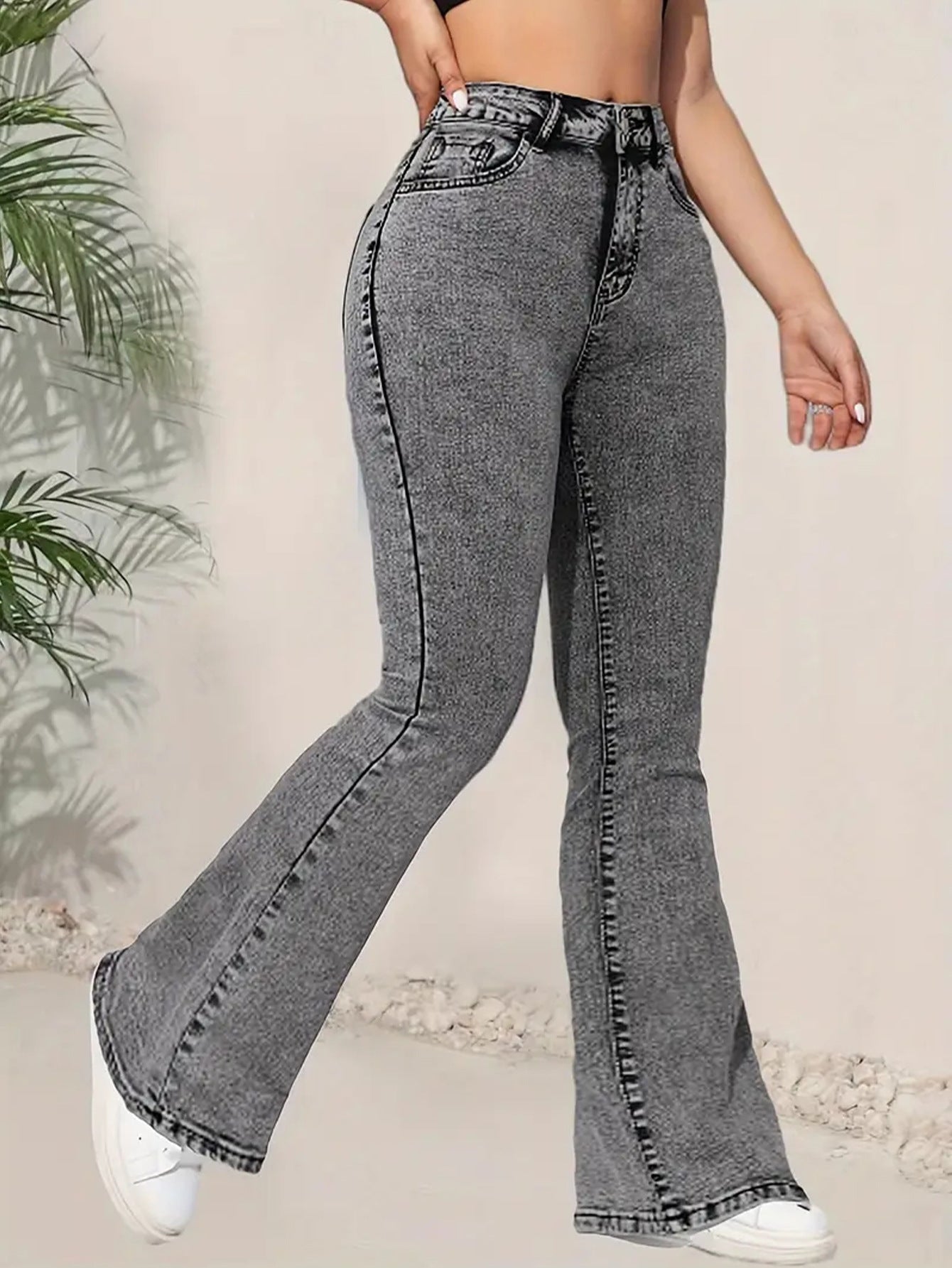Cross-border foreign trade dark gray women's jeans slim slim multifunctional design high waisted denim flared pants JEANS