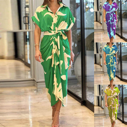 Foreign Trade 2026 Amazon INS European and American Cross-border Women's Printed Lapel Short Sleeve High Waist Long Shirt Dress