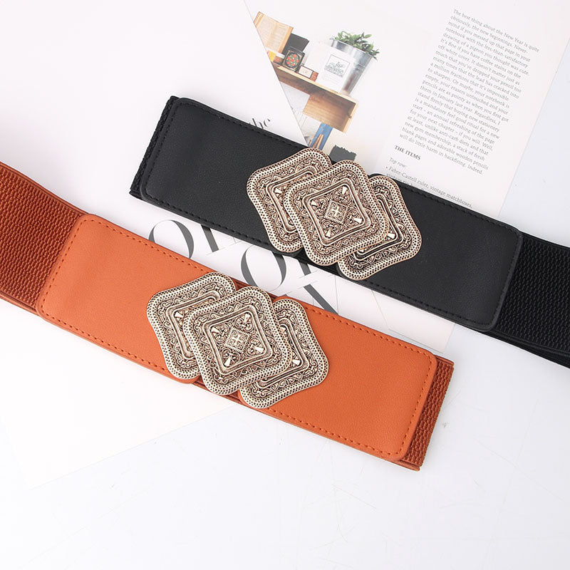 Cool belt cross-border fashion women's vintage carved toggle waist closure dress with stretch elasticated wide waistband