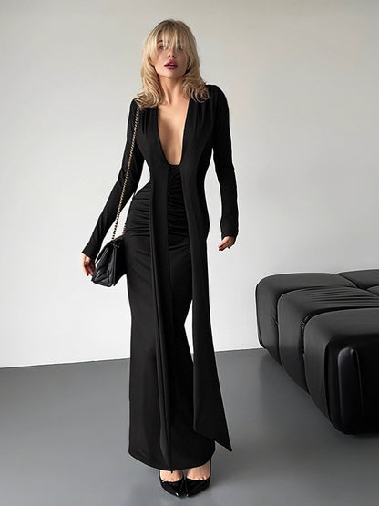 Cross-border autumn new temperament solid color streamer slim long-sleeved dress sexy deep V-neck slimming hip-hugging skirt for women