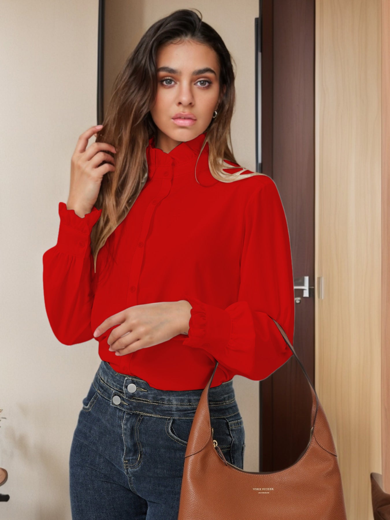 2025 new cross-border European and American lotus leaf shirt collar long-sleeved shirt spring and summer versatile casual business lining European and American cross-border