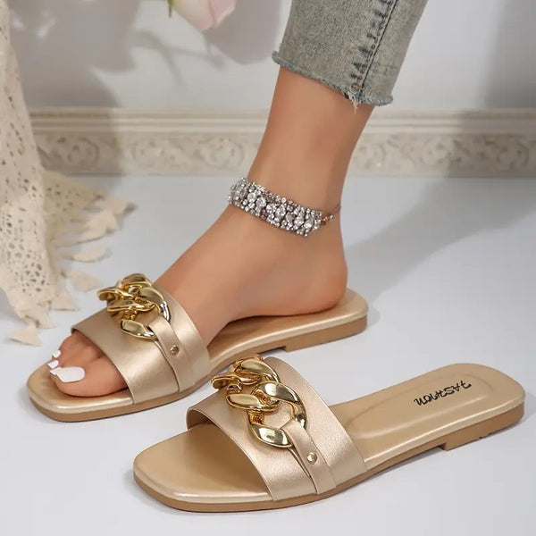 Cross-border women's shoes, women's new fashion slippers, classic temperament, versatile, solid color metal decoration, square toe flat sandals