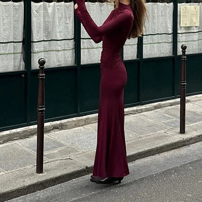 Spring 2026 new European and American clothing elegant solid color temperament pleated slim long sleeve dress hip hugging dress