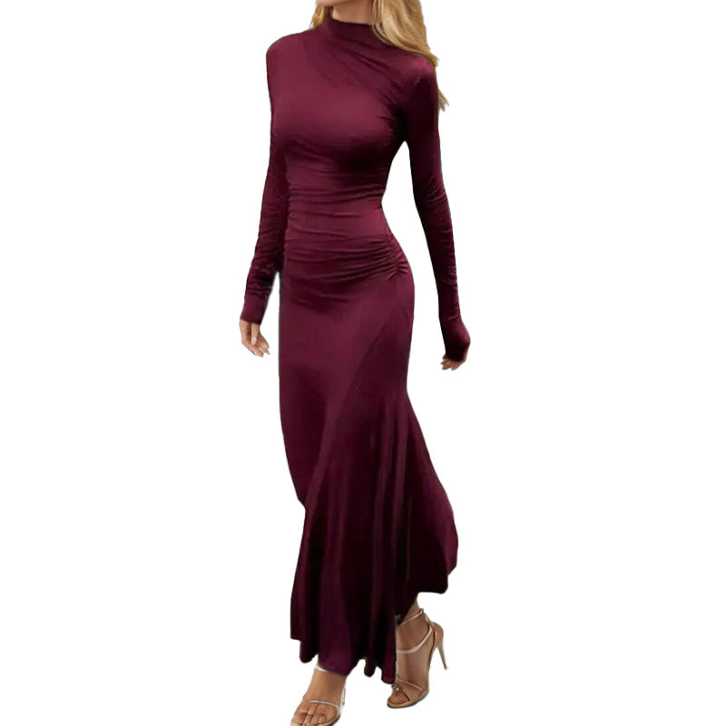 Spring 2026 new European and American clothing elegant solid color temperament pleated slim long sleeve dress hip hugging dress