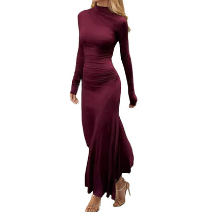 Spring 2026 new European and American clothing elegant solid color temperament pleated slim long sleeve dress hip hugging dress