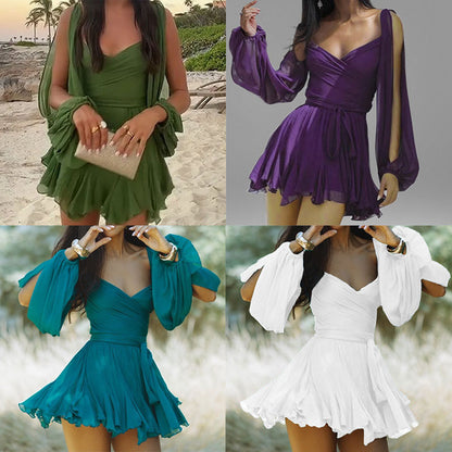 Vestido Amazon Cross-Border Primavera 2026 Sexy Spice Girl para mulher com mangas abalonadas, decote em V e ombros à mostra.