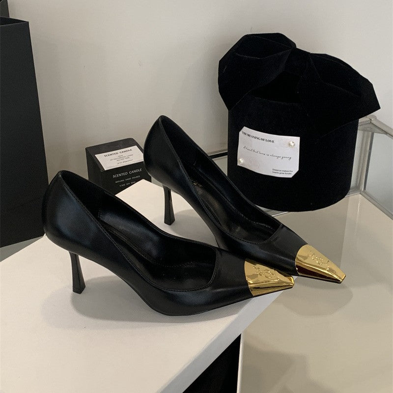 YX2026 Fall New Metal Toe Back Air Sandals Women's Black Sexy Single Shoes Thin Heel Spools Toe High Heels