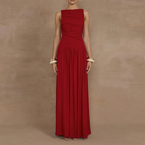 2026 Spring New European and American Cross-border Dress Fashionable Temperament Solid Color Slim Pleated Pleated Dress