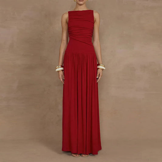 2026 Spring New European and American Cross-border Dress Fashionable Temperament Solid Color Slim Pleated Pleated Dress