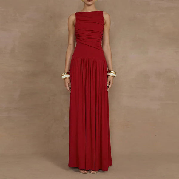 2026 Spring New European and American Cross-border Dress Fashionable Temperament Solid Color Slim Pleated Pleated Dress