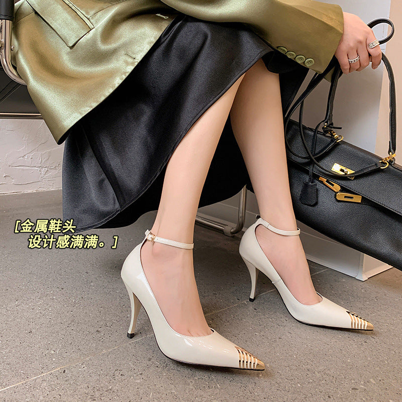 2026 spring metal pointed high heels women's shallow temperament single shoes with a line and color blocking women's shoes spring model