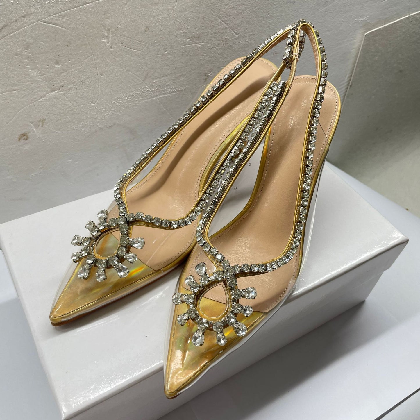 Transparent strap high heel sandals, niche back hollow toe high heels, women's stiletto heels, pointed toe, European and American super high heels