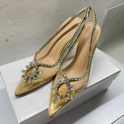 Transparent strap high heel sandals, niche back hollow toe high heels, women's stiletto heels, pointed toe, European and American super high heels