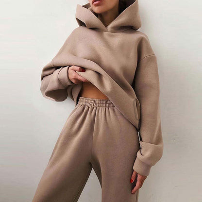 2026 New Cross-border European and American Fashion Casual Sports Style Solid Color Thickened Hooded Sweatshirt Fashion Suit Women