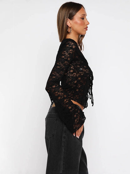 Cross-border autumn new European and American style women's clothing hot girl hollow see-through long sleeve cardigan navel crop sexy lace top girl