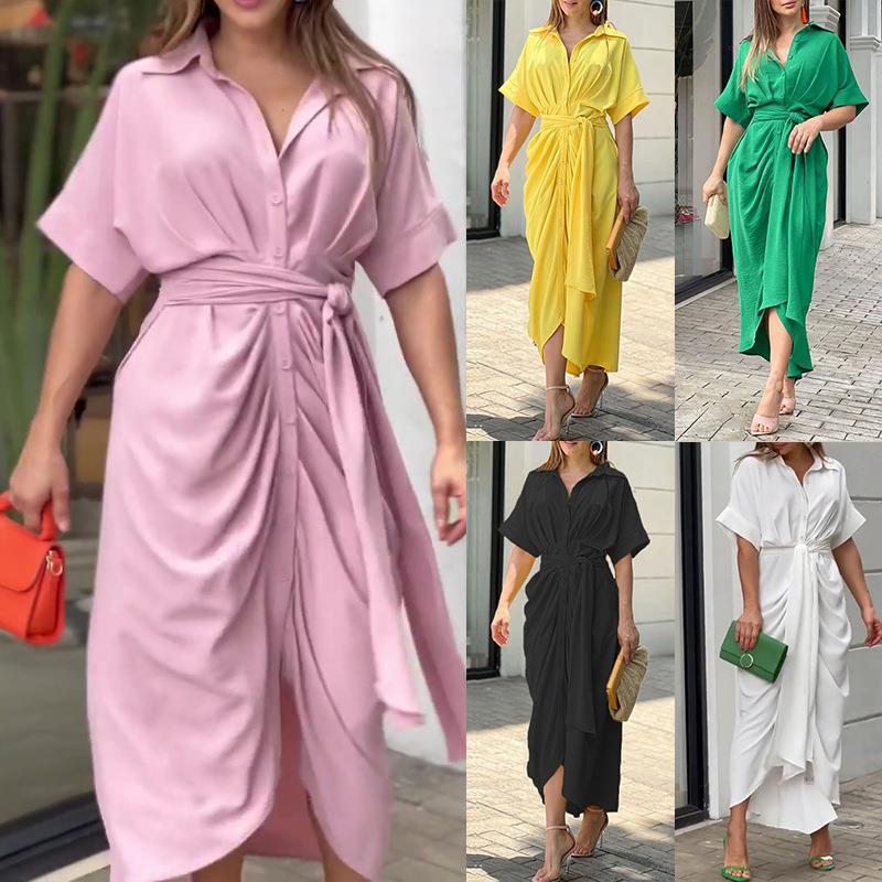 Spring 2026 European and American cross-border women's fashion lapel mid-length short-sleeved single-breasted high-waisted shirt dress dress