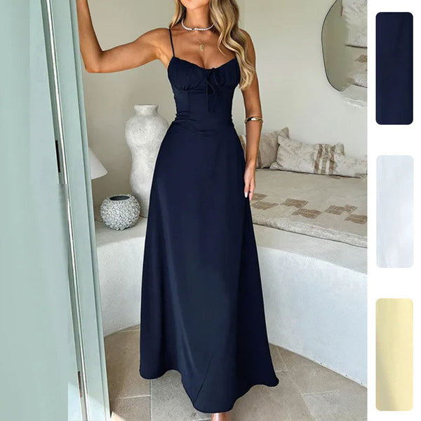 2026 spring independent station new cross-border European and American clothing temperament elegant lace-up A-line solid color slip dress