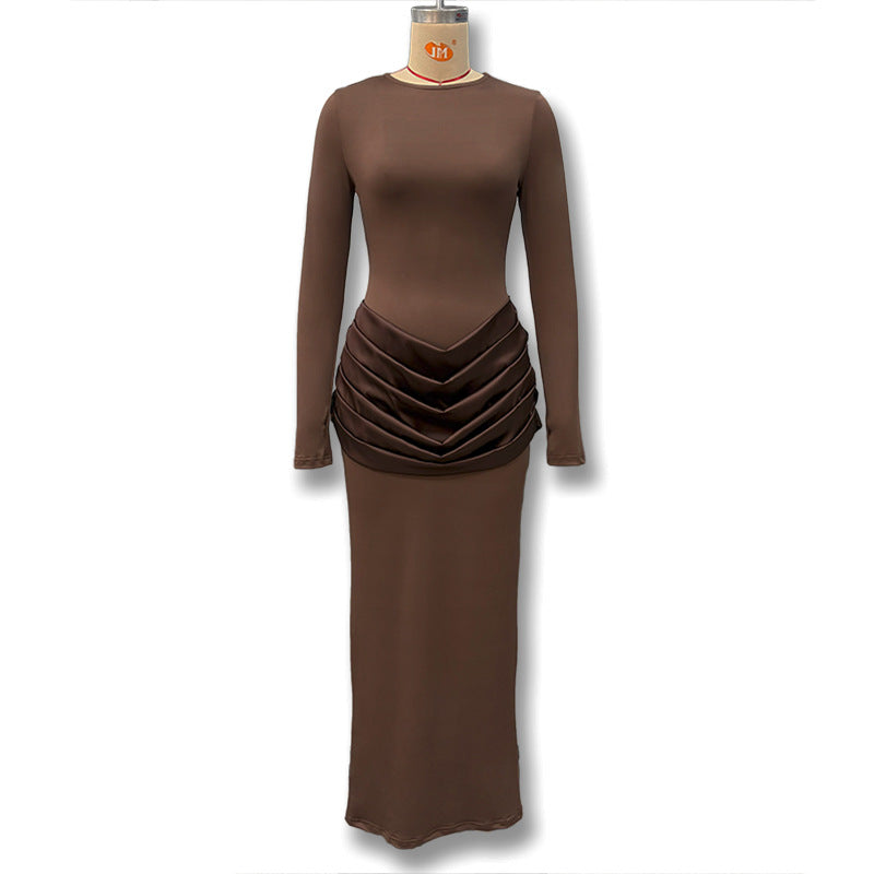 Cross-border autumn and winter new European and beautiful clothing temperament celebrity style solid color long sleeve slim pleated hip wrap dress for women