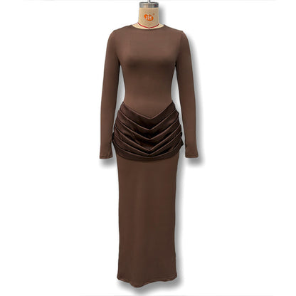 Cross-border autumn and winter new European and beautiful clothing temperament celebrity style solid color long sleeve slim pleated hip wrap dress for women