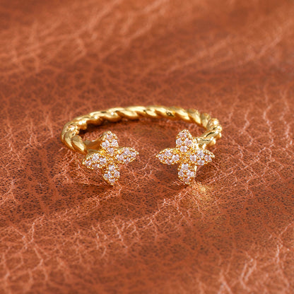 Open copper inlaid zirconia four-leaf clover diamond fashionable commuting simple versatile elegant bracelet ring set for women